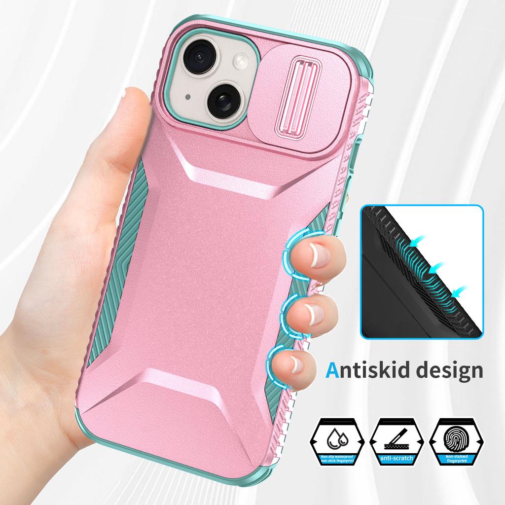 For iPhone 15 Plus Case TPU+PC Non-Slip Side Edge Phone Cover with Lens Lid