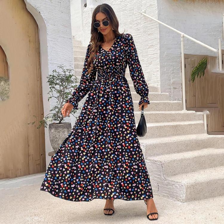 Women Floral Print V-neck Long Sleeve A-Line Dress Spring Summer Casual Elastic High Waist Ankle-Length Dresses