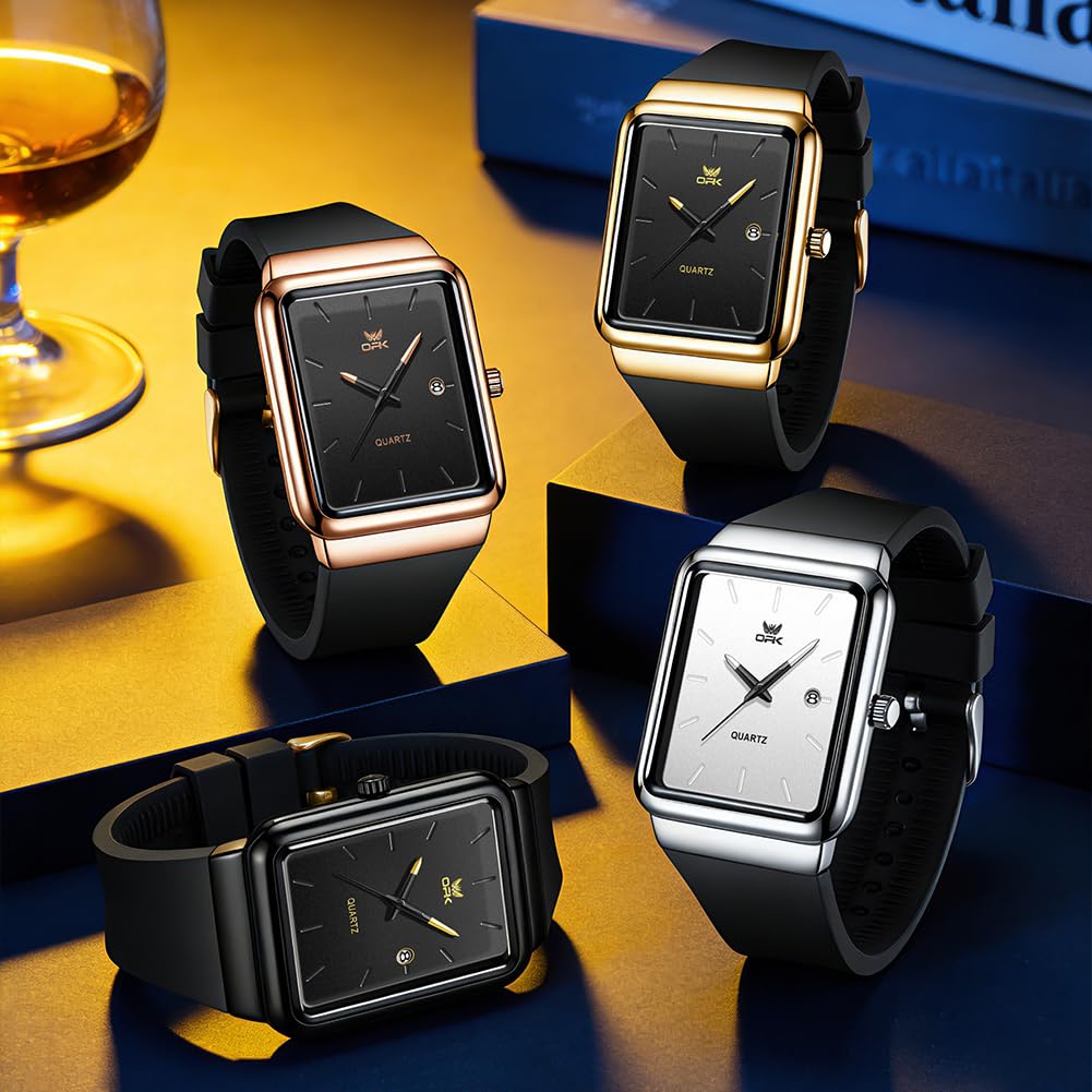 OPK Men's Watch Quartz Date Waterproof Easy to Read Fashion Classic Silicone Band School Business Rose Gold & Black