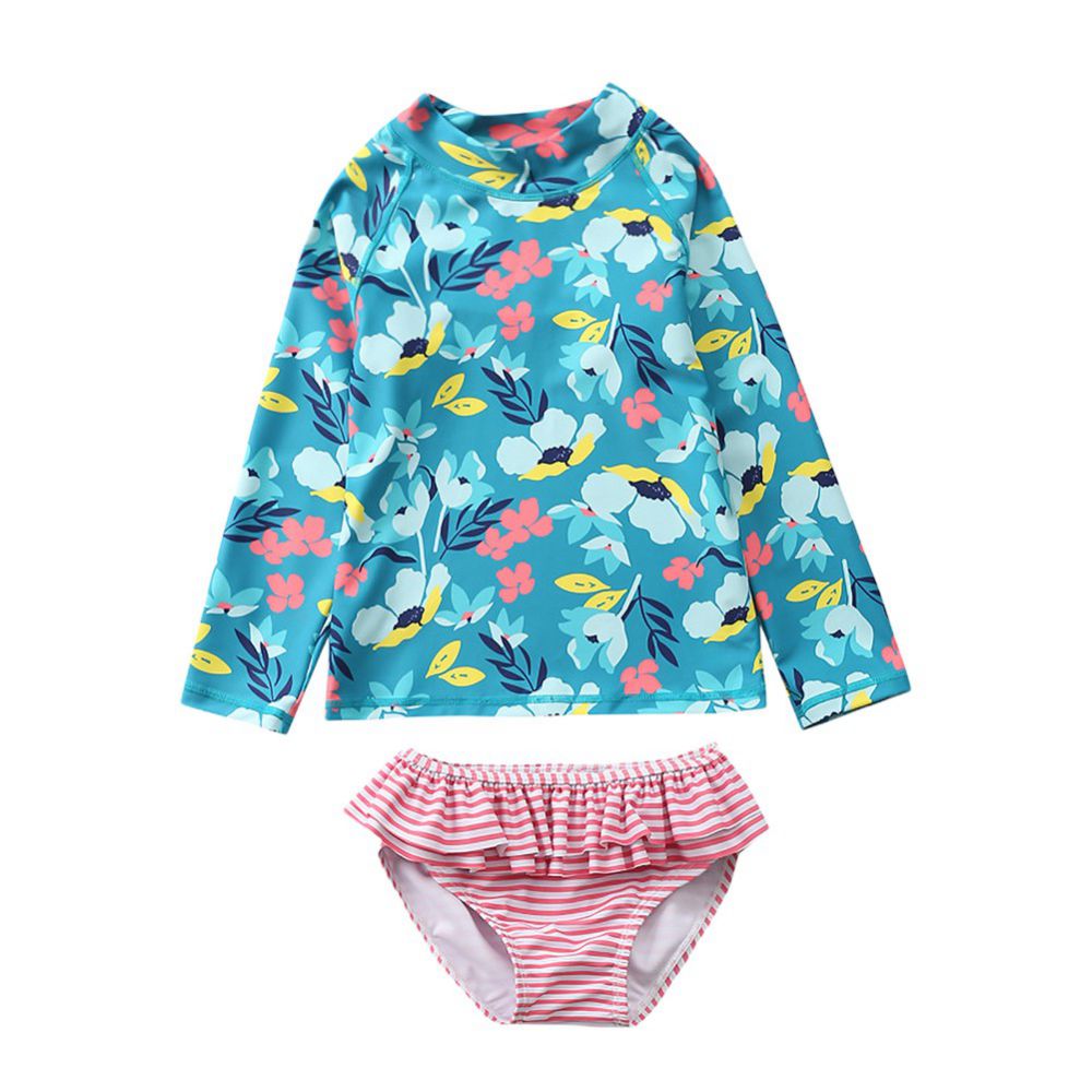 Baby Toddler Girls Rashguard Two Pieces Swimsuit Set Long Sleeve Bathing Suits Ruffled Bikini Bottoms Swimwear