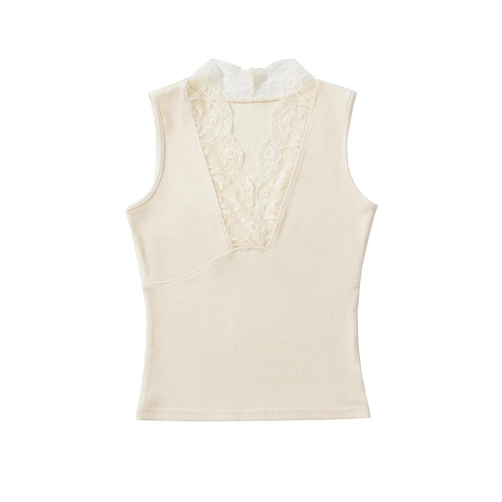 Lace V-Neck Ribbed Cotton Camisole: High-Elastic Slimming Tank for Spring/Summer 2025