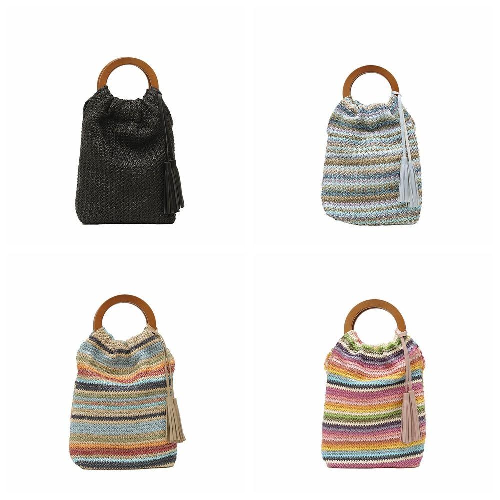 Hollow Out Rainbow Woven Handbag Bohemian Style Underarm Bag Simple Summer Bucket Bag Holiday