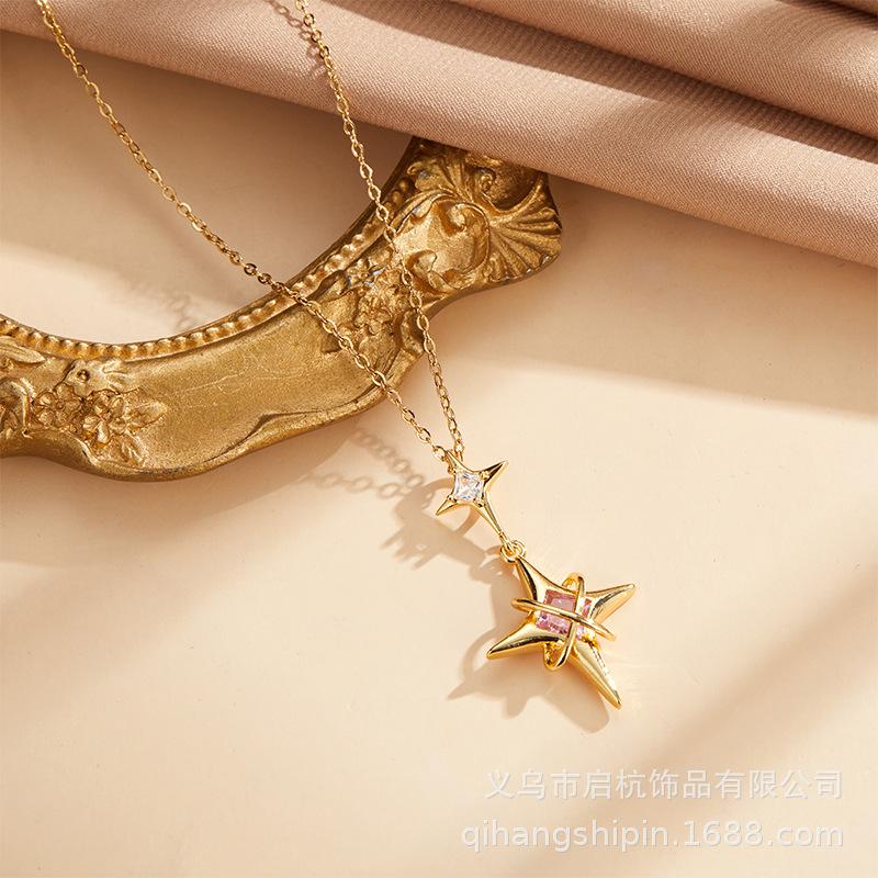 Wind Octagram Necklace Women'S High-End Trend Temperament Personality Versatile Zircon Pendant Clavicle Chain