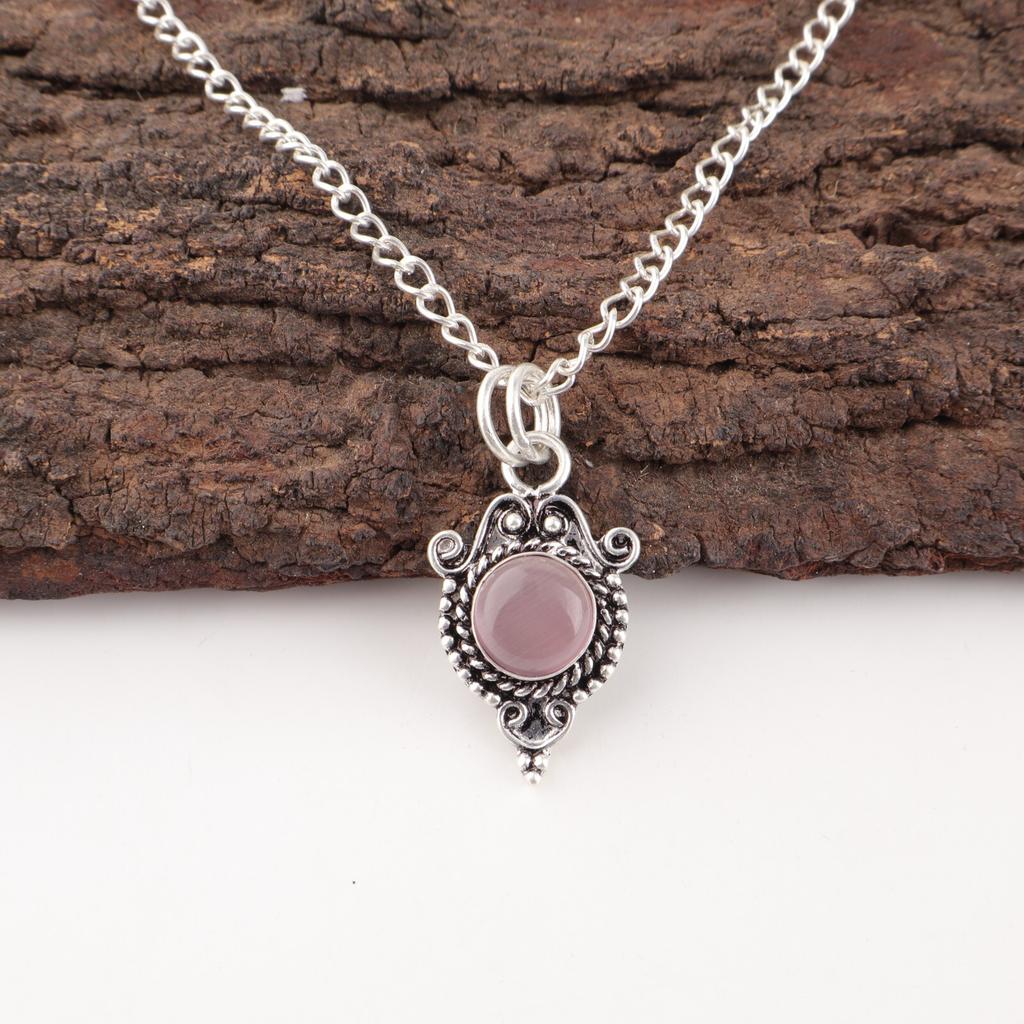 Natural Purple Cat's Eye Gemstone 925 Stamped Silver Jewelry Handcrafted Pendant PP-39-50