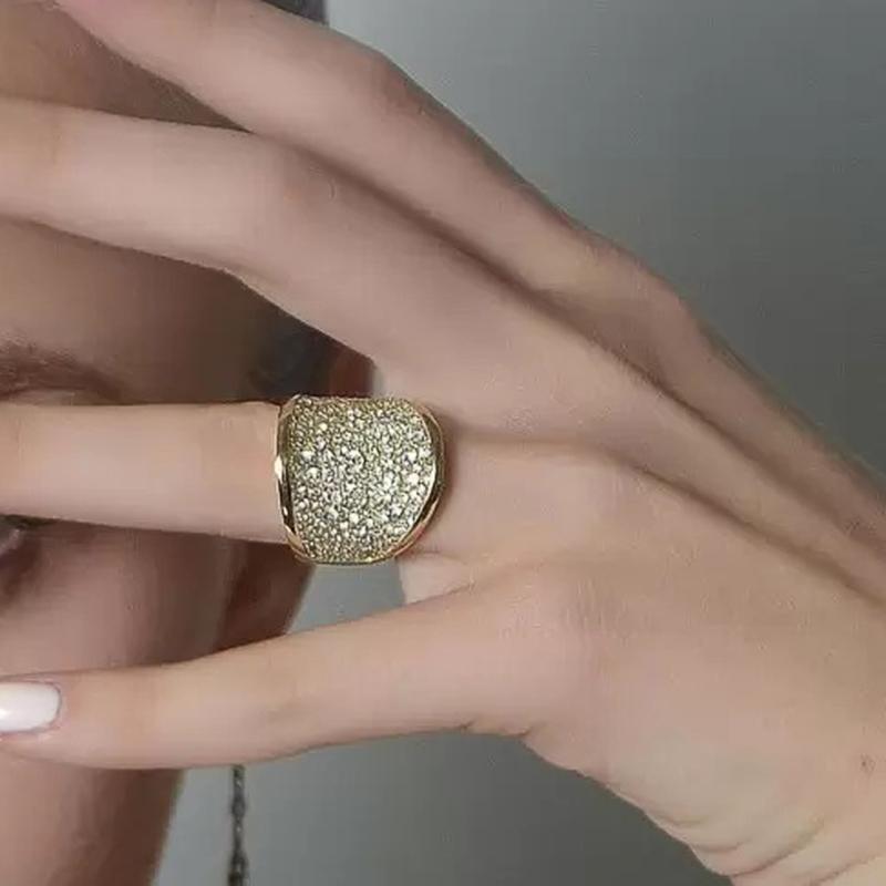 Huitan Wave Geometric Design Women Gold Color Ring Luxury Party Inlaid Sparkling CZ Lady Unique Charming Accessories Jewelry
