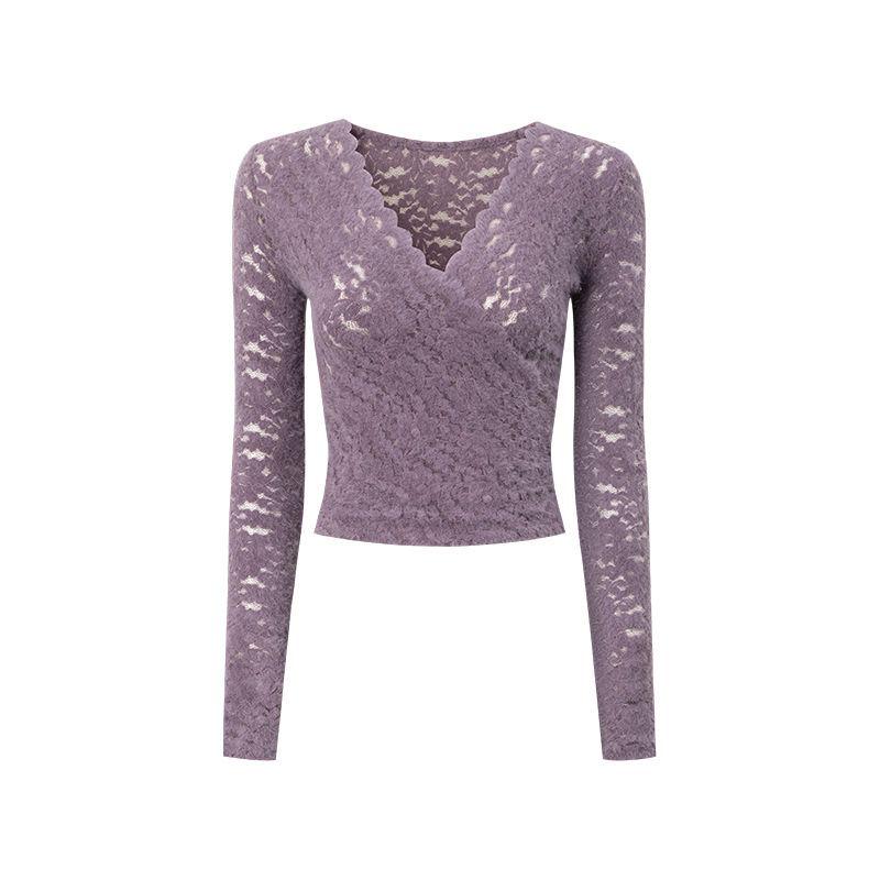Pure Desire V-Neck Crochet Lace Shirt: Women's Long-Sleeve Slim-Fit T-Shirt for Autumn/Winter, Hot Girl Style, Short Top.