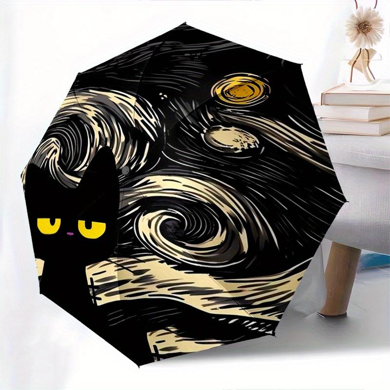 Starry Night Cat Automatic Folding Umbrella  8 Ribs, Durable Iron Frame, Bright Color Pattern Compact Travel Umbrella, Suitable for Outdoor,