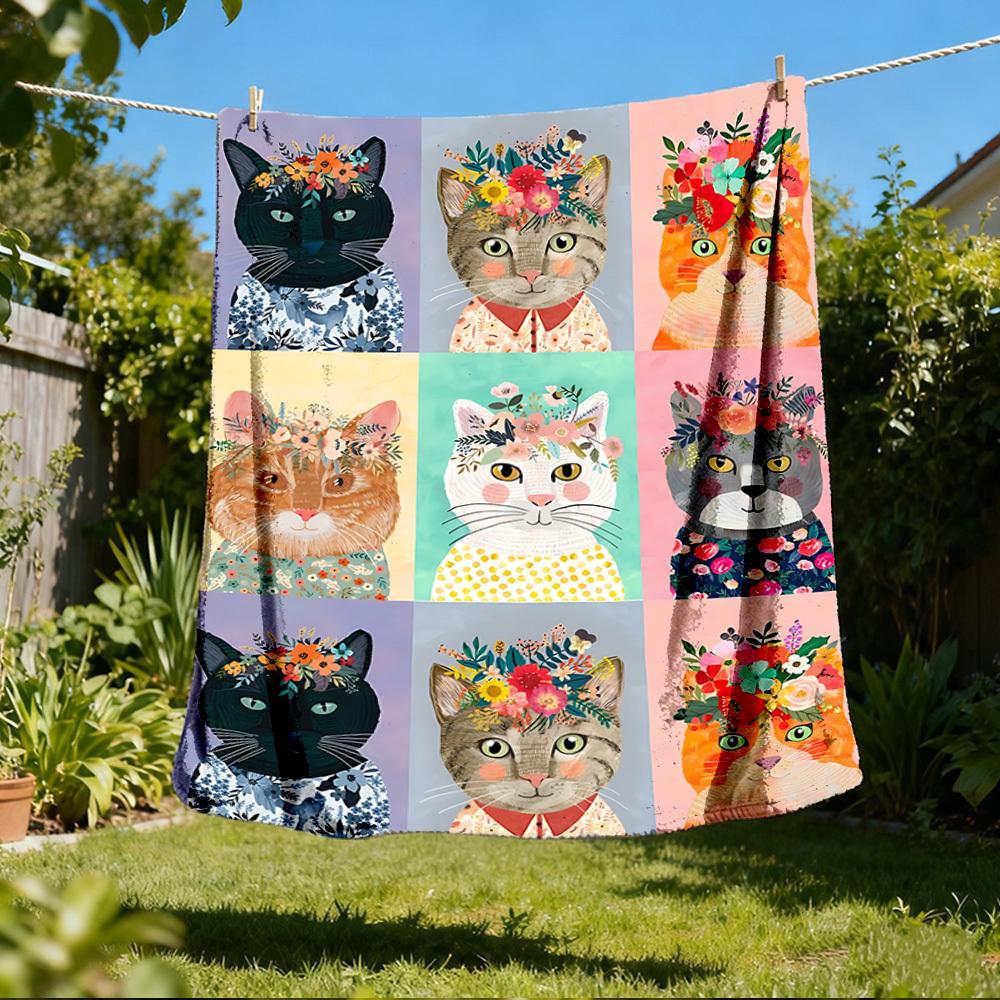1pc Floral Cat Prints Outdoor Flannel Blanket Soft All Season Polyester Throw , Perfect for Picnics & Travel , Picnic Accessory