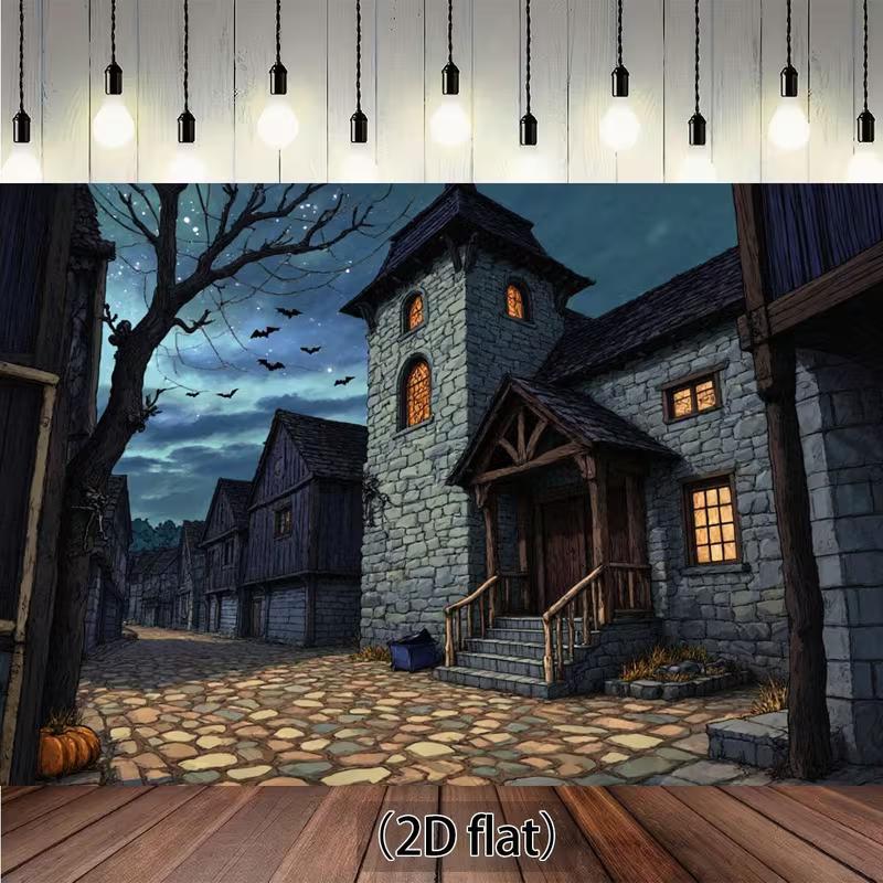 

2D Spooky Halloween Town Backdrop, Night Stone Street & Bats Photo Background 47.2x31.5inch/120*80cm