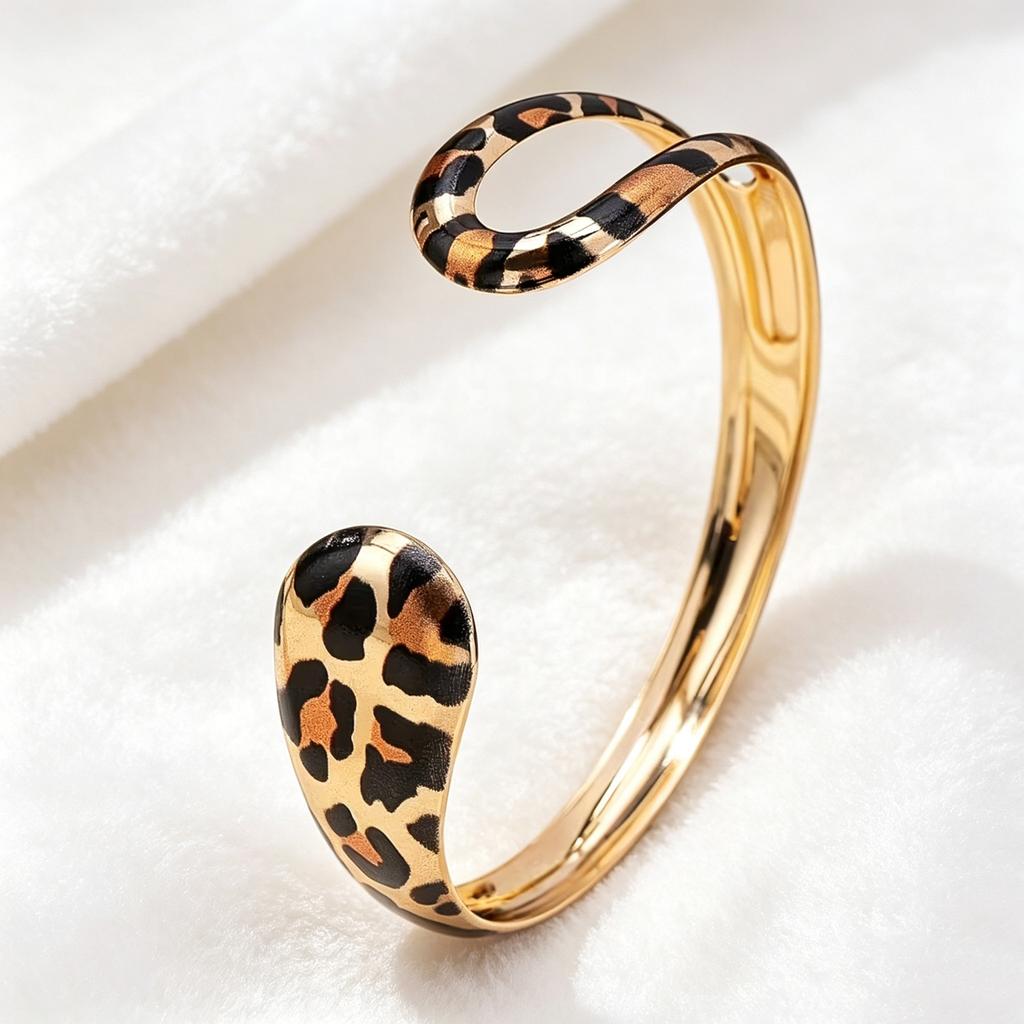 Double S Shape Leopard Print Hollow Shape Bracelet Ring Set Summer Snake Shape Opening Adjustment