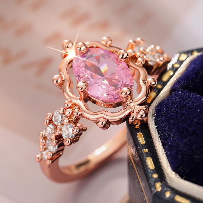 CopperLuxury Crystal Pink Zircon Oval Stone Flower Rings For Women Wedding Band Bridal Jewelry Engagement Gift