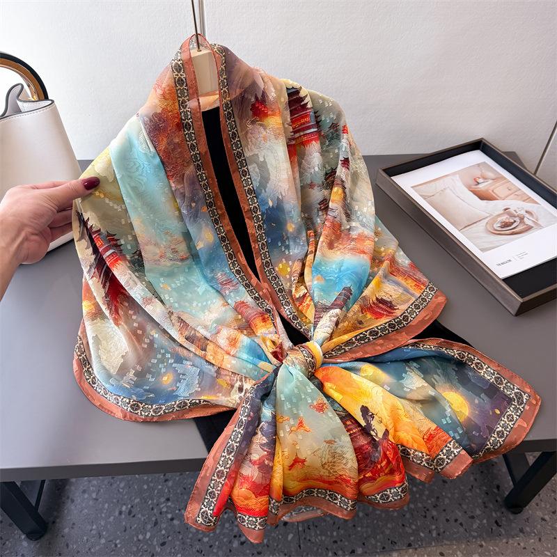 Camel Bell Dream Print Cut Flower Spring And Summer Silk Scarf Large Long Scarf High Sense Travel Shawl Sun Protection Women'S Scarf Headscarf