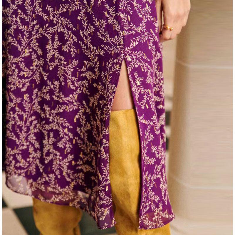 Lady Vintage Floral Purple Mid Length Long Length Chiffon Skirt
