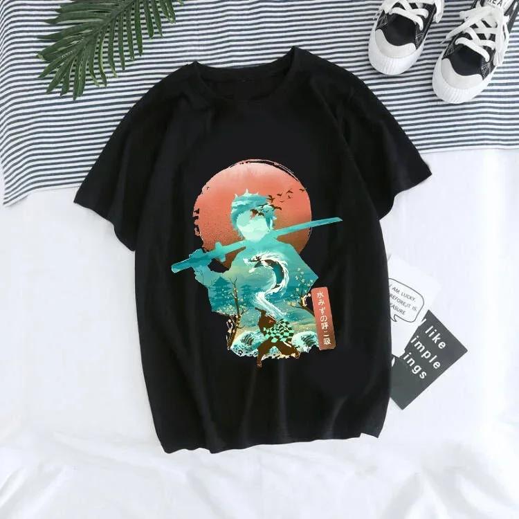 Women T-shirt Kaus Grafis Anime Demon Slayer Uniseks Tanjirou Kamado Kaus Wanita Kimetsu No Yaiba Nezuko Kaus Wanita
