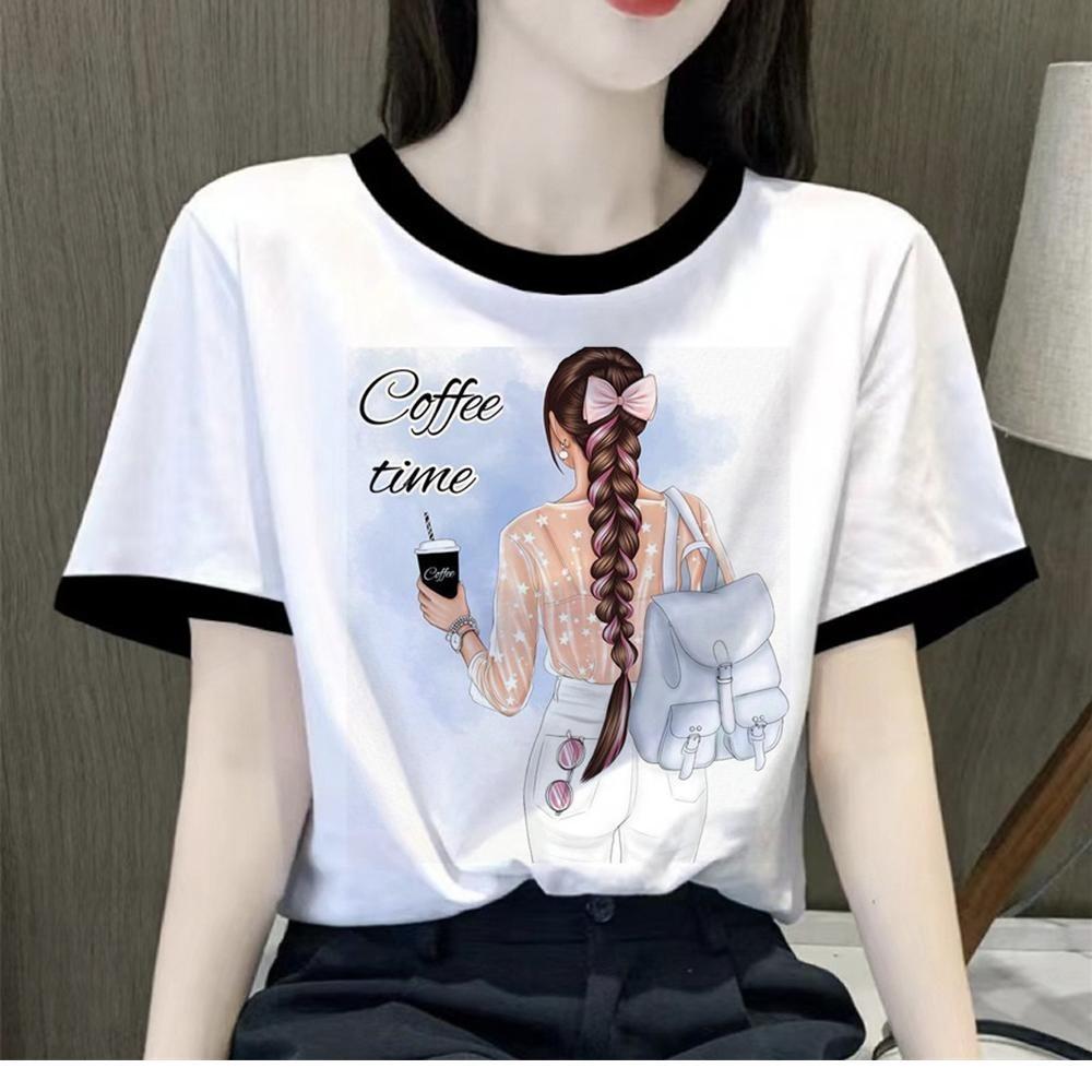 Coffee Girl Top Women's Street Wear White T-shirt with Printed T-shirt Couple's Wear