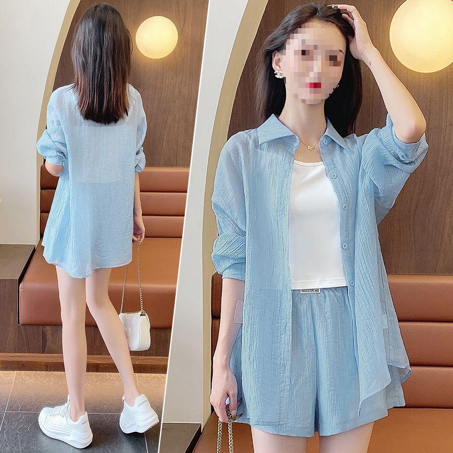 Chic Sun Protection Outfit: Women's Petite, Loose-Fit Three-Piece Set - Outer Shirt and Shorts for Summer