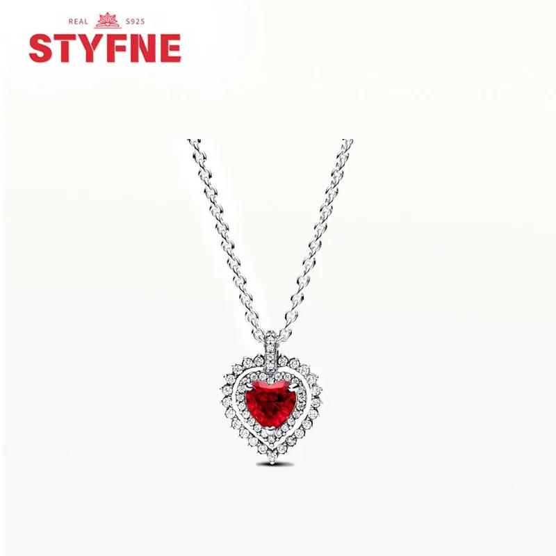 925 Silver Heart-Shaped Shiny Zircon Elevated Red&Pink&Blue&White Heart Necklace Lover's Gift Fine Jewelry for Women