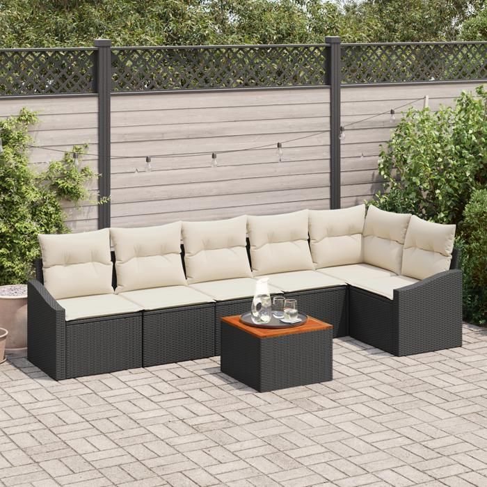 VidaXL Ensemble de Canapés de Jardin 7 Pièces avec Coussins Noir Poly Rattan Acacia 3356507