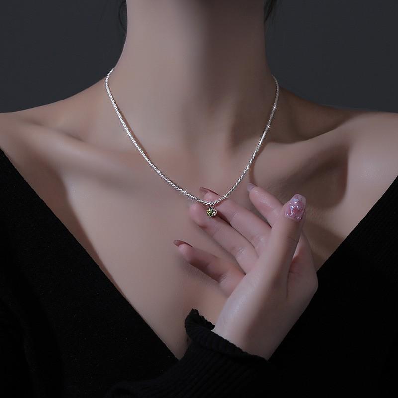 Olive Green Zircon Pendant Necklace Women Sterling Minimalist Geometric Design Daily Wear Lightweight 925 Sterling Silver