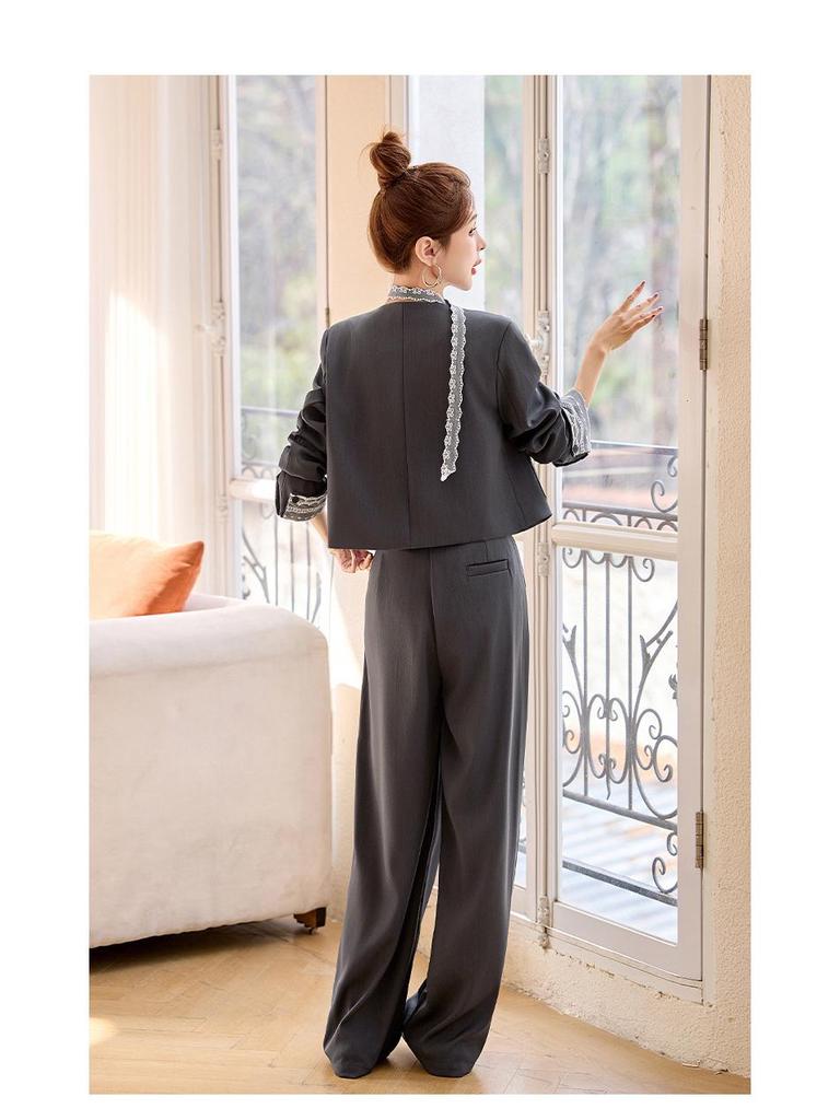 2025 Spring Lace Patchwork Jacket & Wide-Leg Pants Set