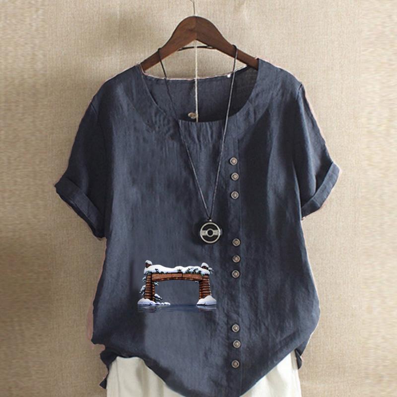 Women's Fashion Round Neck Short Sleeve T-shirt Casual Cotton Linen Graphic Shirt Leisure Loose Door Prined Summer Blouse Tops