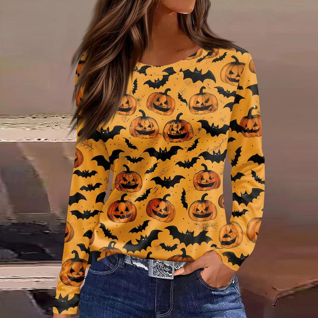 Damenmode Lässig Schlitzsaum Rundhals Langarm Locker Halloween Bedrucktes T-Shirt Damenoberteil