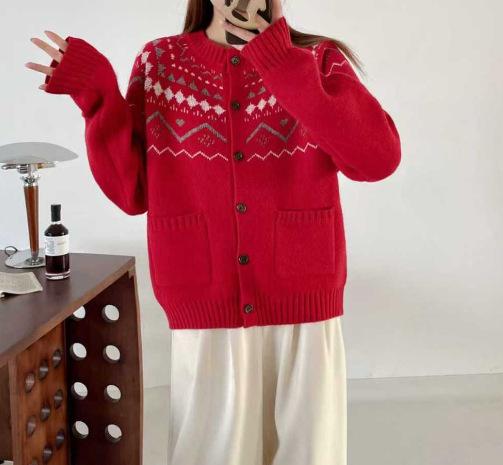 Vintage jacquard fair island knitted sweater jacket autumn and winter 1011 new long-sleeved casual loose cardigan top
