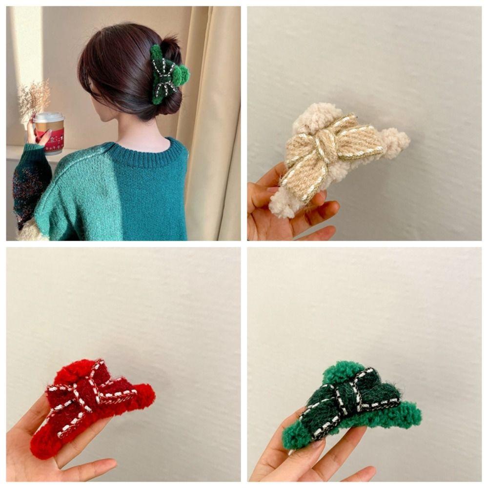 Lamb Wool Bow Hair Clip Barrettes Shark Grab Clip Unique Christmas Plush Hair Claw  Women