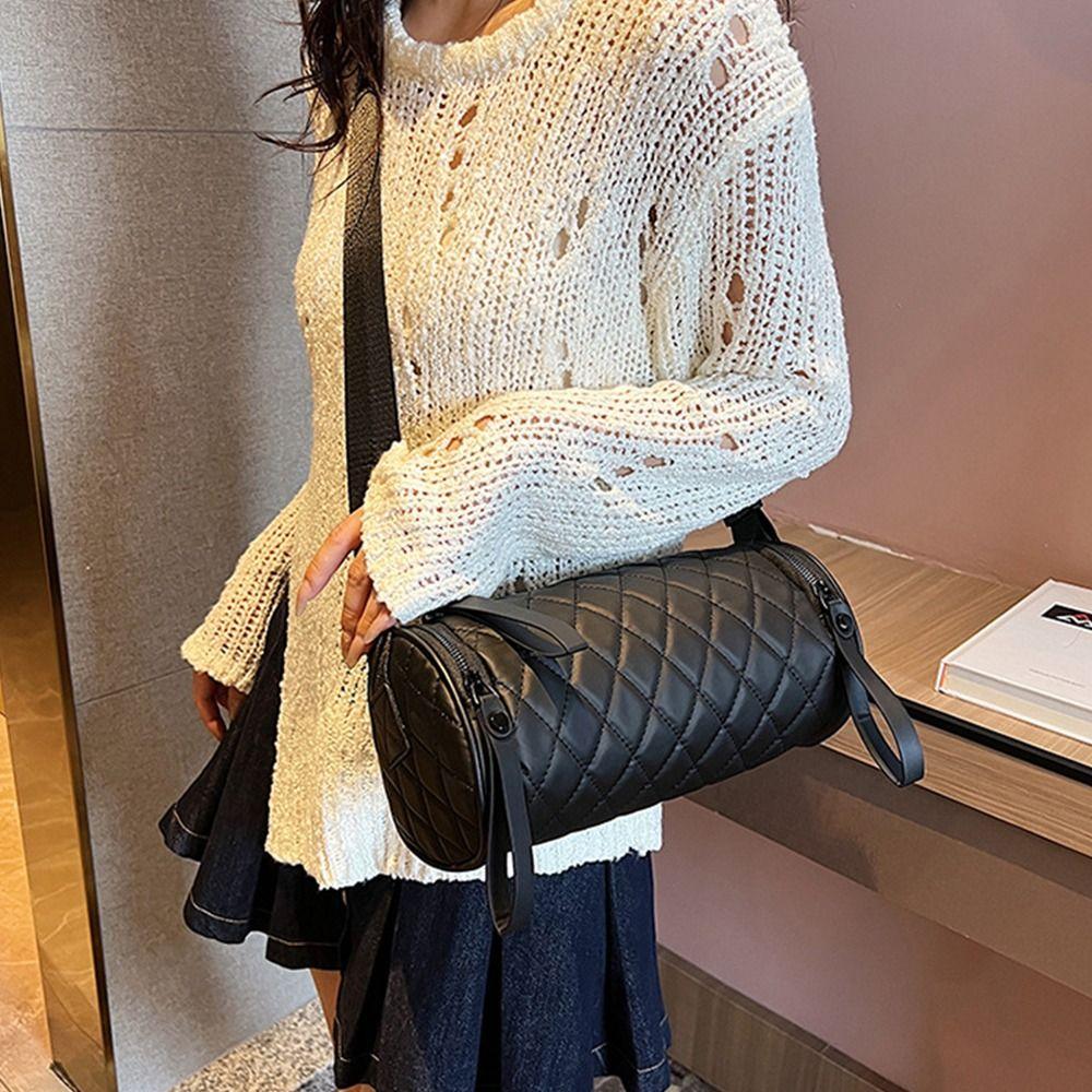 Plaid Nylon Shoulder Bag Korean Style Cylinder Bag Simple Rhombus Crossbody Bag Office Worker