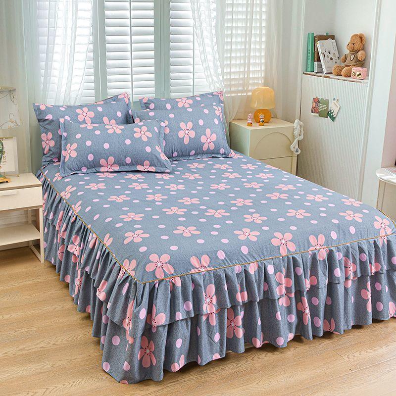 Floral Pattern Bed Skirt Set Mattress Anti Slip Protective Cover for Household Bedding Double Layered Skirt Dustproof Bed Cover