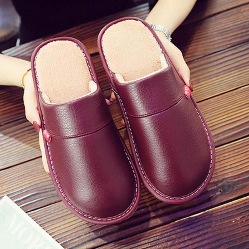 Coffee mens winter slippers short plush indoor shoes unisex fashion leather slipper man bedroom foot wear