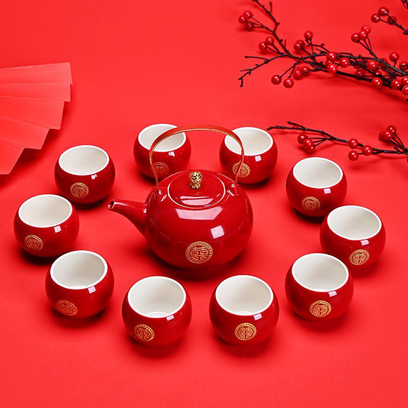 Red Chinese Wedding Tea Set: Complete Gift with Bride's Dowry Tray & Teapot