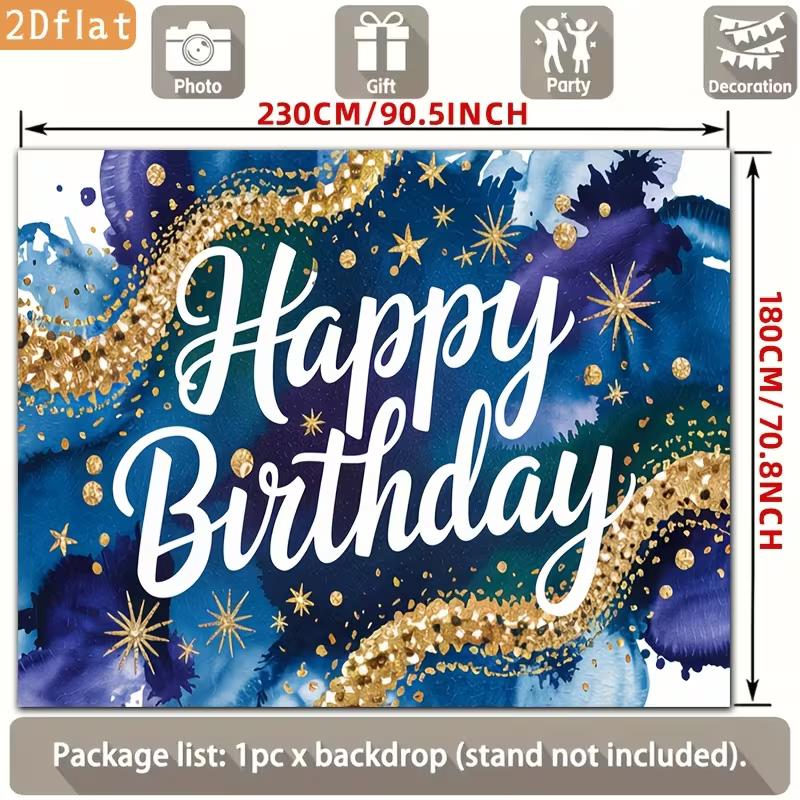2D Birthday Photography Backdrop Blue Gold Watercolor with Star and Confetti Background