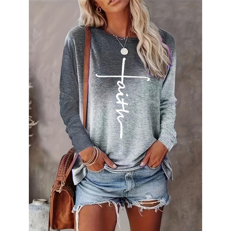 Letter Print Crew Neck T-Shirt, Casual Long Sleeve T-Shirt For Spring & Fall, Women's Clothing