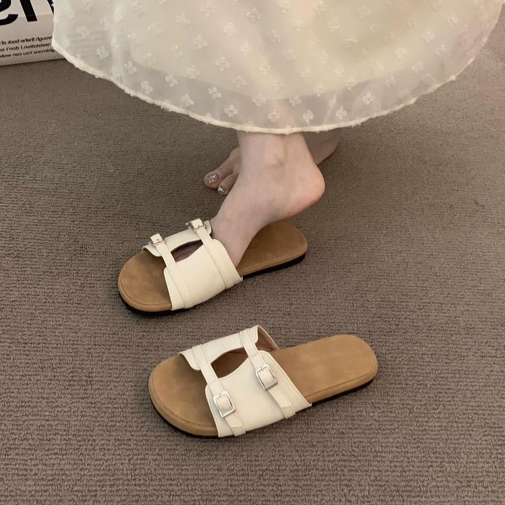 Retro braune Nischen-Abendsandalen Feenschuhe 2025 neue Sommer Flachboden-Urlaubs-Birkencool-Slipper