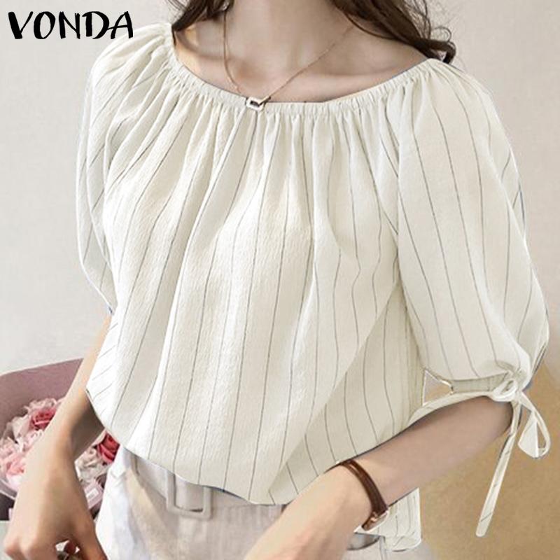 

VONDA женский летний свободный топ с круглым вырезом, термоусадочной складкой и пузырьками, с короткими рукавами и завязками