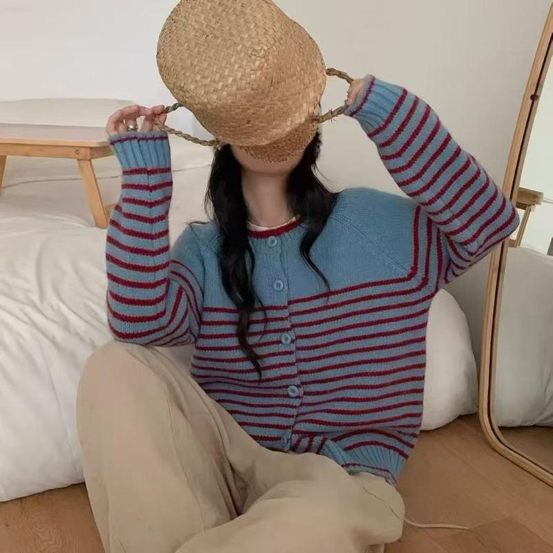 New Striped Contrasting Color Design Round Neck Single-breasted Long-sleeved Loose Knitted Cardigan Basic Coat