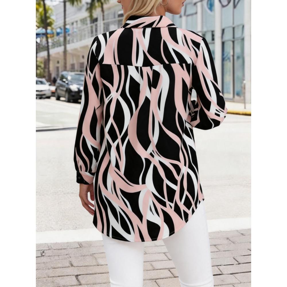 Abstract Print Loose Fit Collared Shirt Women's Design Sensation Pink Black White Single Button Mid-Length Open Cardigan Shirt