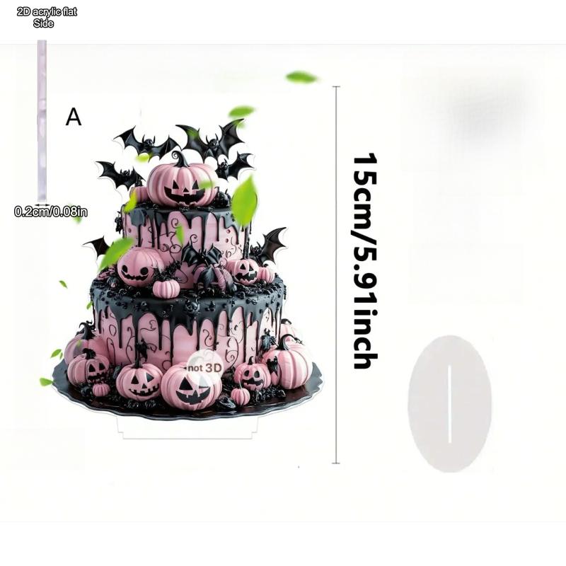 1pcs Halloween Creepy Pink Cake Castle Horror Pumpkin and Bat Tabletop Decoration Ornament - 2D Flat Acrylic Desktop Ornament