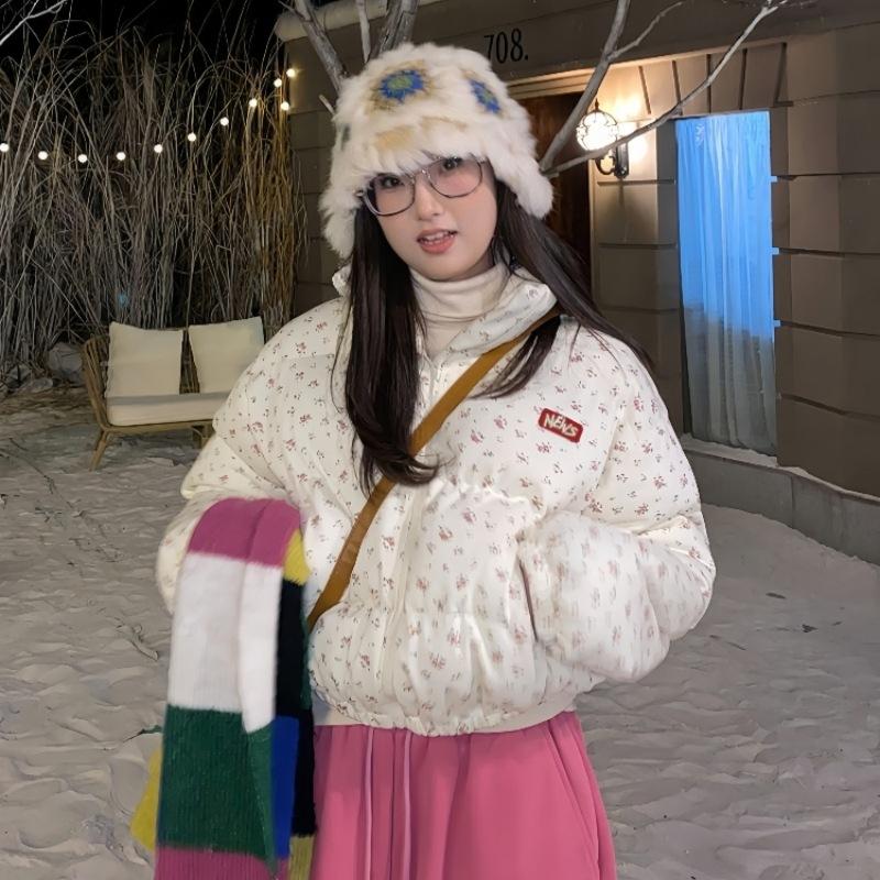 New Floral Short Cotton-padded Clothes for Women, Sweet Cotton-padded Jackets In Winter, Thickened Design Sense, Warm Jacket Tide