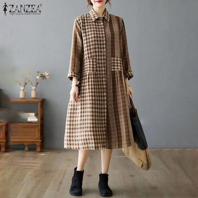 Women Plaid Print Casual Turn Down Collar 3/4 Sleeve Loose Dress