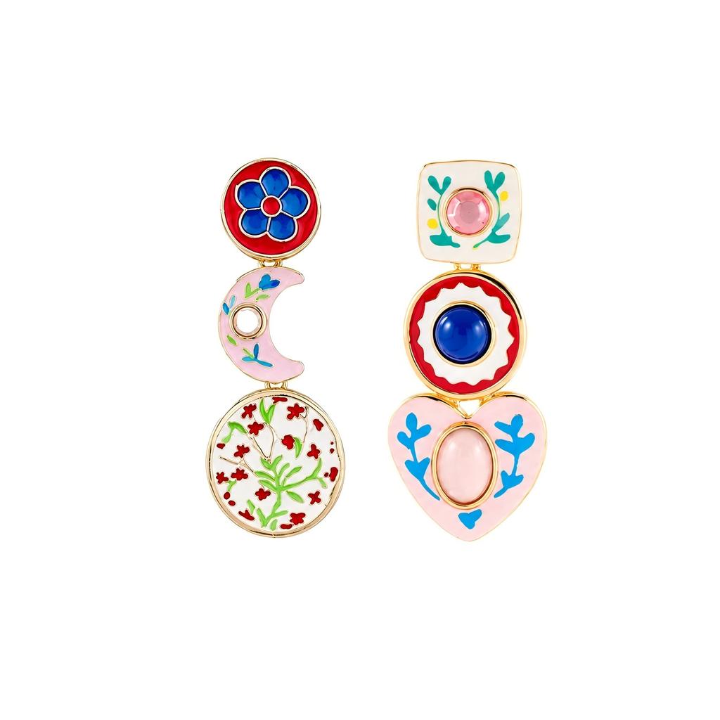 Bohemia Vintage Design with Diamond Inlaid Heart-shaped Pendant Asymmetrical Heart Flowers Earrings Women Party Vacation Jewelry