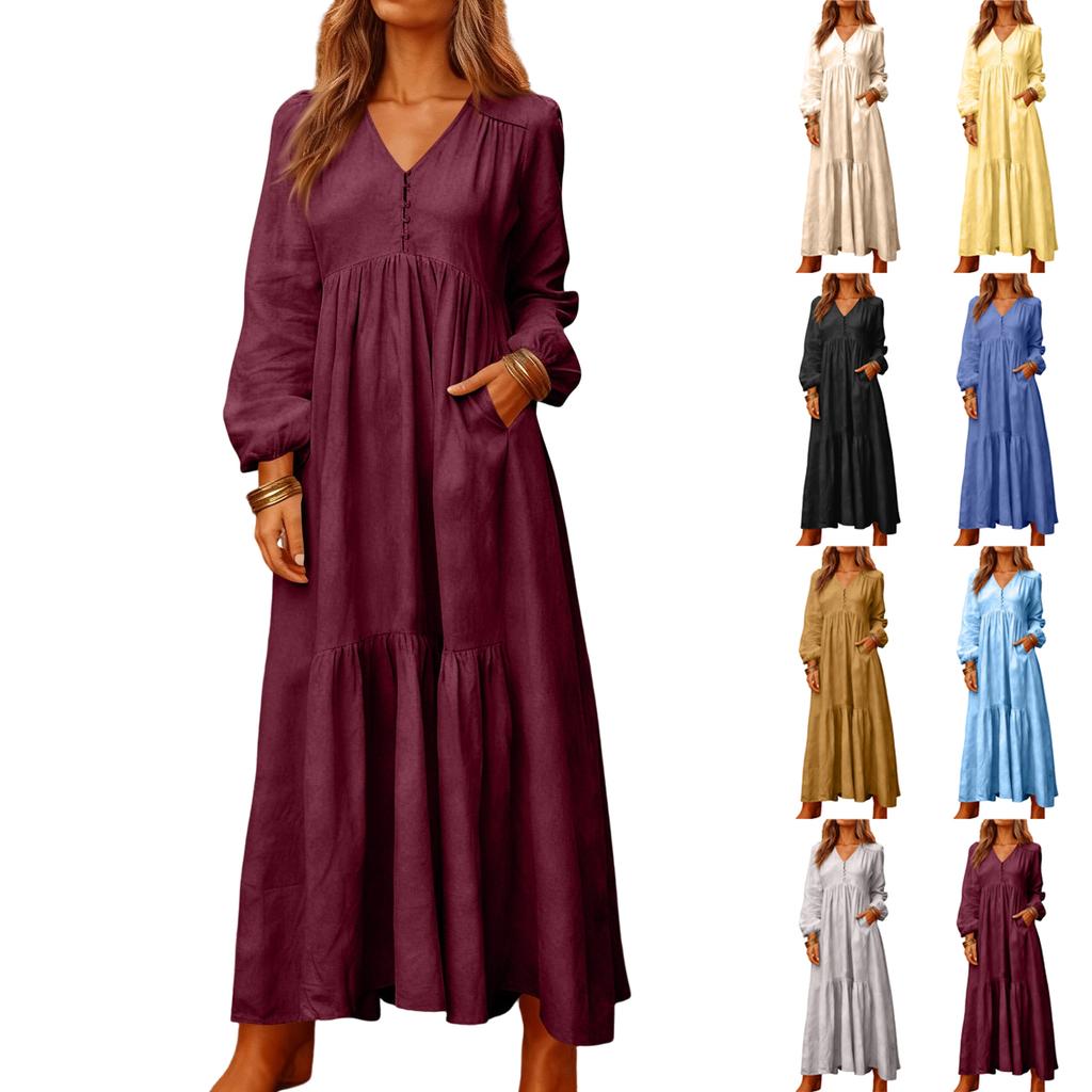 Women's Fashionable Solid Color V-neck Long Sleeved Loose Button Cotton Linen Retro Large Swing Long Casual Dress