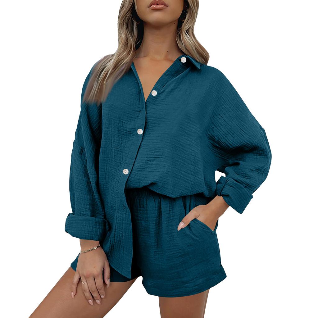 Women's Casual Color Long Sleeved Shorts Set, Crepe Home Set