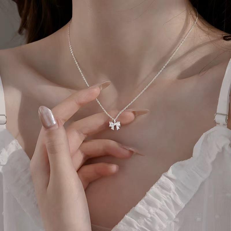 2025 High-End Sweet Style 925 Sterling Silver Zirconia Bow Necklace for Women – Fashionable Summer Clavicle Chain