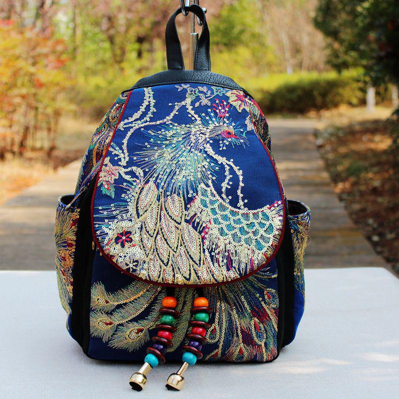 Ethnic Embroidered Women's Backpack with Sequins and Phoenix Peony Design