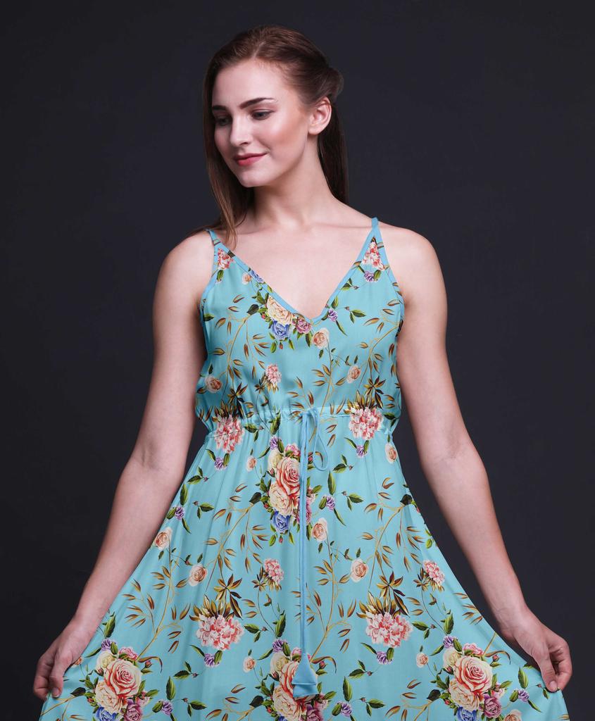 Bimba Blumen Damen Bedrucktes Resort Midi Kordelzugkleid Spaghettiträger Strand