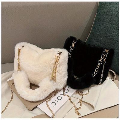 Bolsos de Hombro Peludos para Mujer Bolso Femenino de Invierno con Cadena para el Brazo Bolso de Mano de Color Sólido Bolso con Asa de Felpa Suave