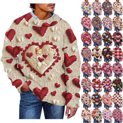 Herrenmode, lässig, mit langen Ärmeln, Valentinstag, sanft bedruckt, Rundhalsausschnitt, Wollstrickpullover mit Blumenimitat, Rundhals-Kapuzenpullover, lockere lange Ärmel