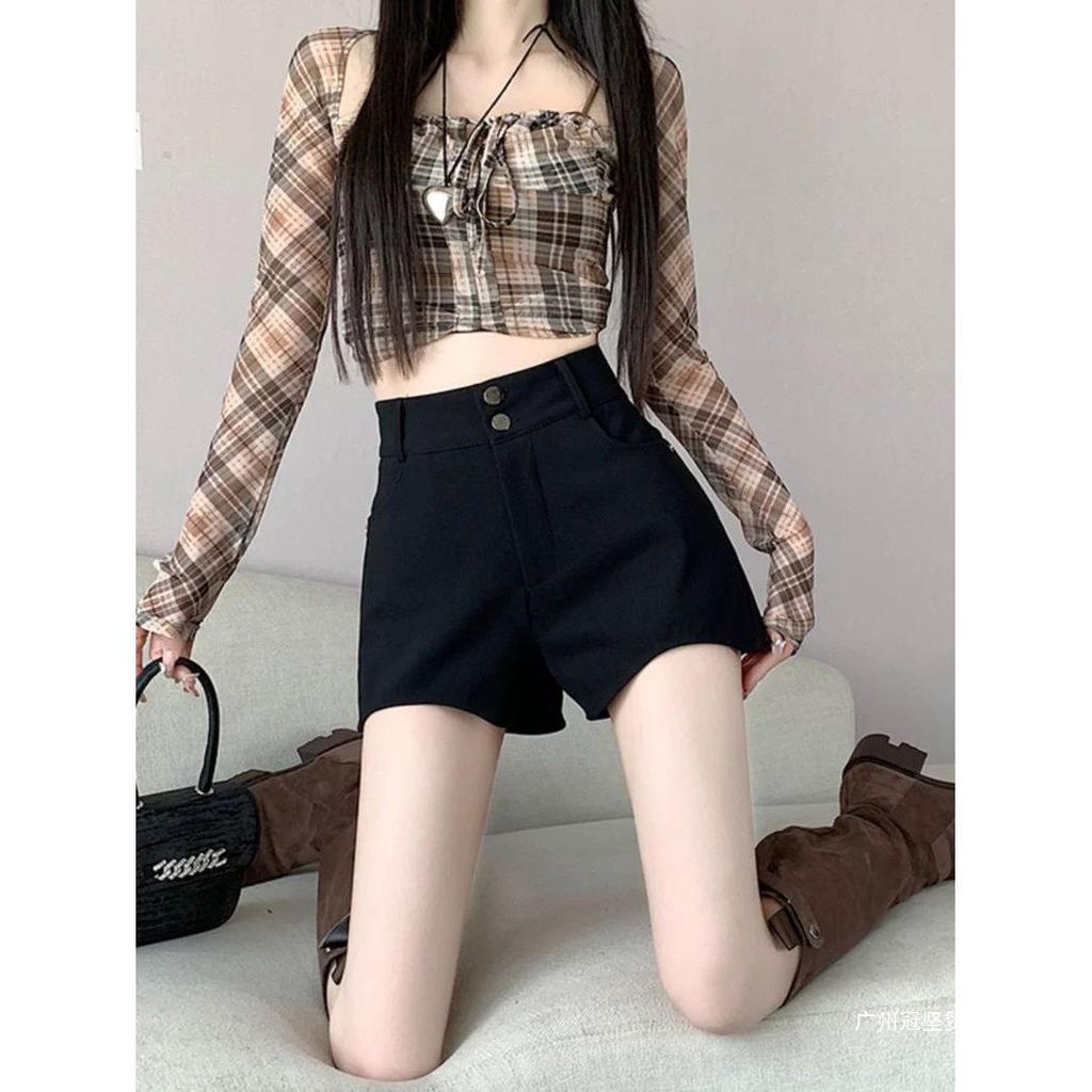 Women's High Waist A-Line Black Suit Shorts - Slim Fit, Stretchy Boot Pants for Spring 2026
